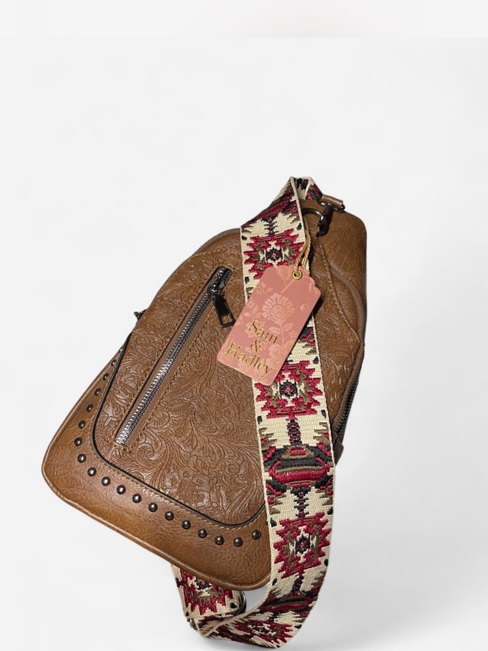 Sam & Hadley Brown Embossed Vegan Leather Crossbody with Decorative Strap